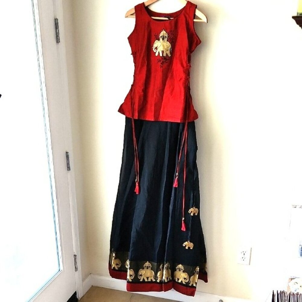 MAYBELL from India Elegant Red, Black, Gold Skirt Set Maxi Length Elephant Theme
